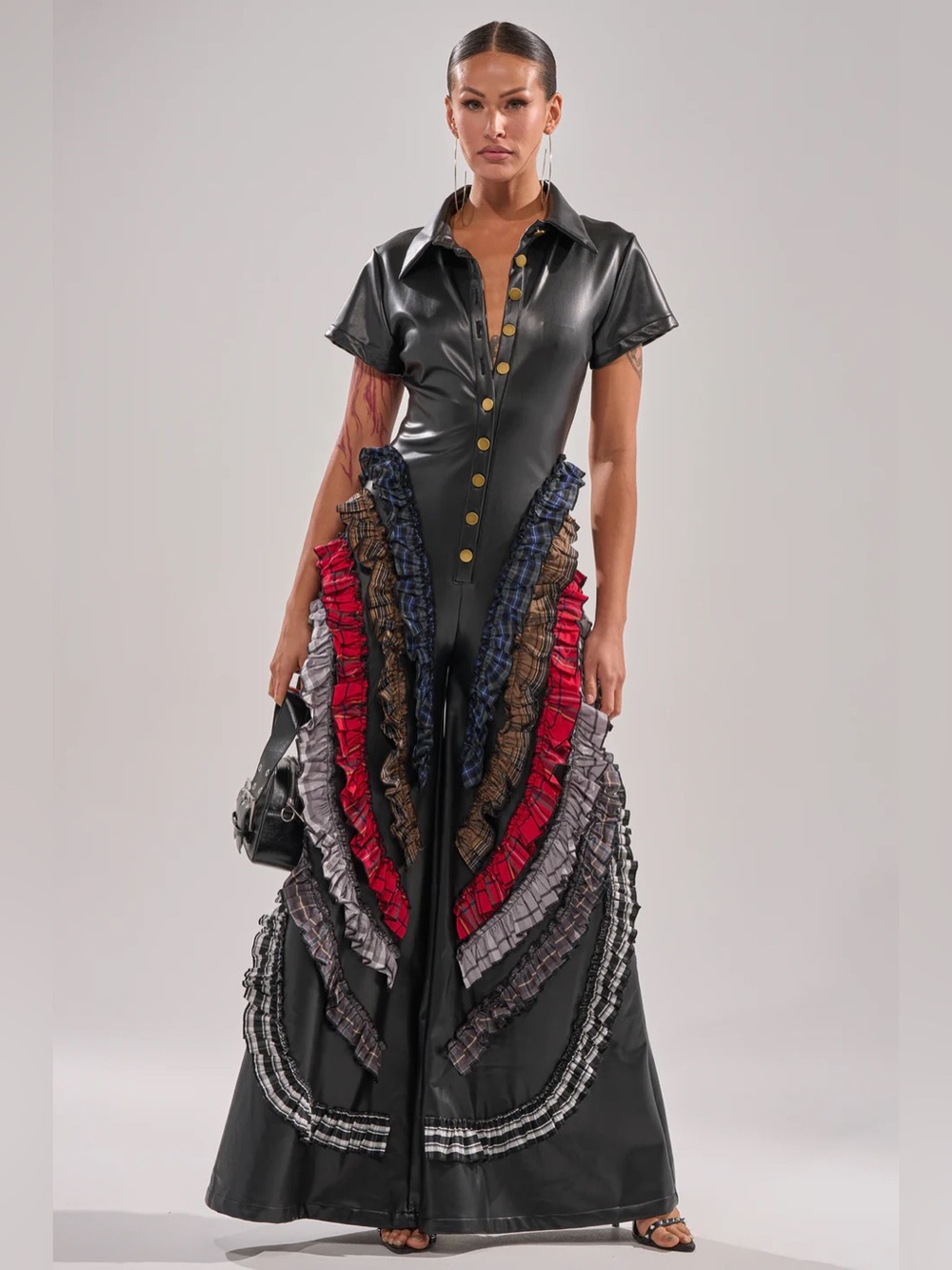 Black Faux Leather Maxi Dress with Ruffle Panels - Picture 2 of 7
